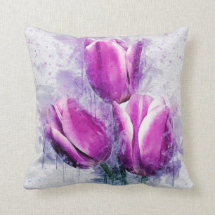 Purple Tulips Watercolor Painting Cushion