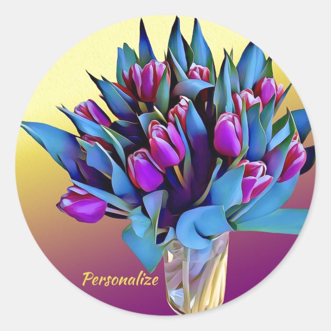 Purple Tulips Watercolor Personalise Classic Round Sticker (Front)