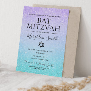 Purple & Turquoise Bat Mitzvah Faux Glitter Paint Invitation