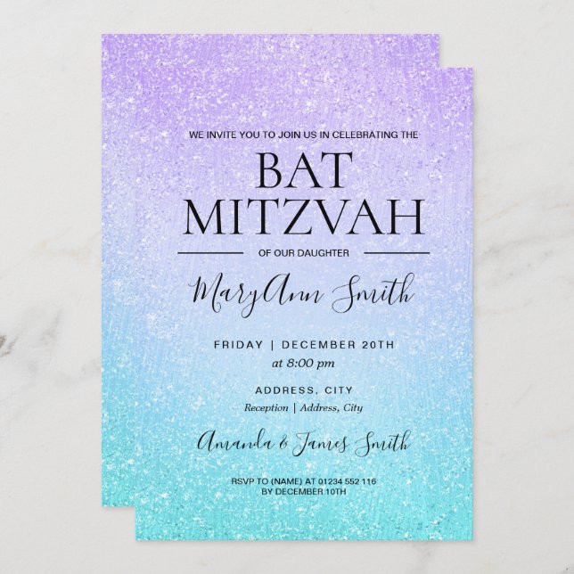 Purple & Turquoise Bat Mitzvah Faux Glitter Paint Invitation (Front/Back)