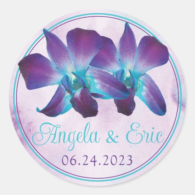 Purple Turquoise Blue Dendrobium Orchid Wedding Classic Round Sticker (Front)