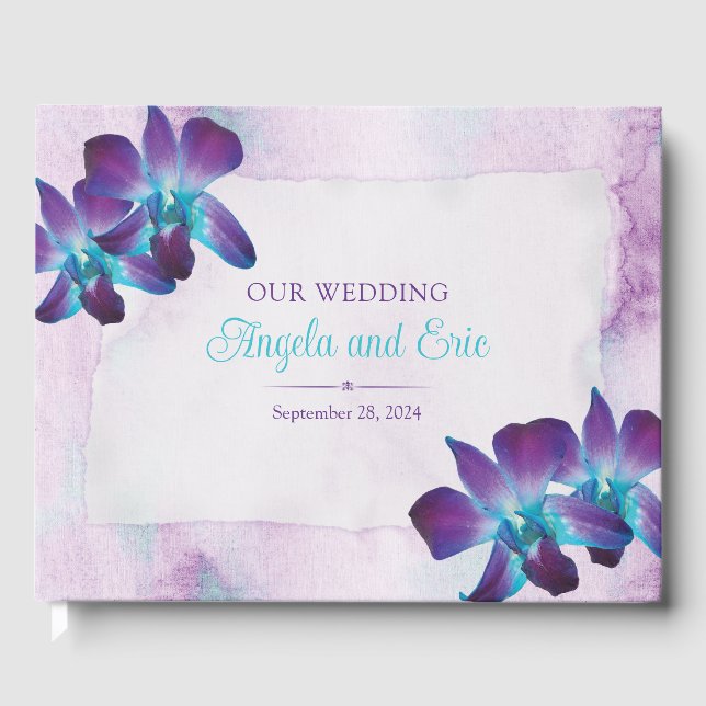 Purple Turquoise Blue Dendrobium Orchid Wedding Guest Book (Front)