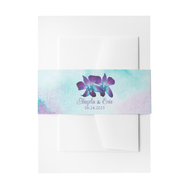 Purple Turquoise Blue Dendrobium Orchid Wedding Invitation Belly Band (Front Example)