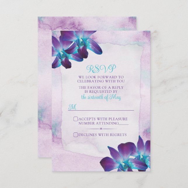 Purple Turquoise Blue Dendrobium Orchid Wedding RSVP Card (Front/Back)