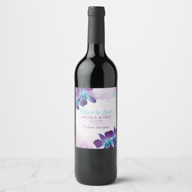 Purple Turquoise Blue Dendrobium Orchid Wedding Wine Label (Front)