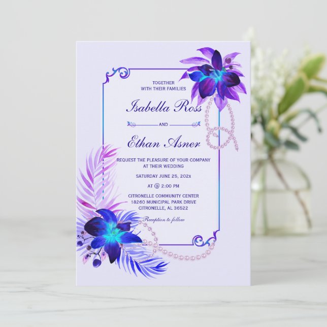 Purple Turquoise Blue Orchid Wedding Invitation (Standing Front)