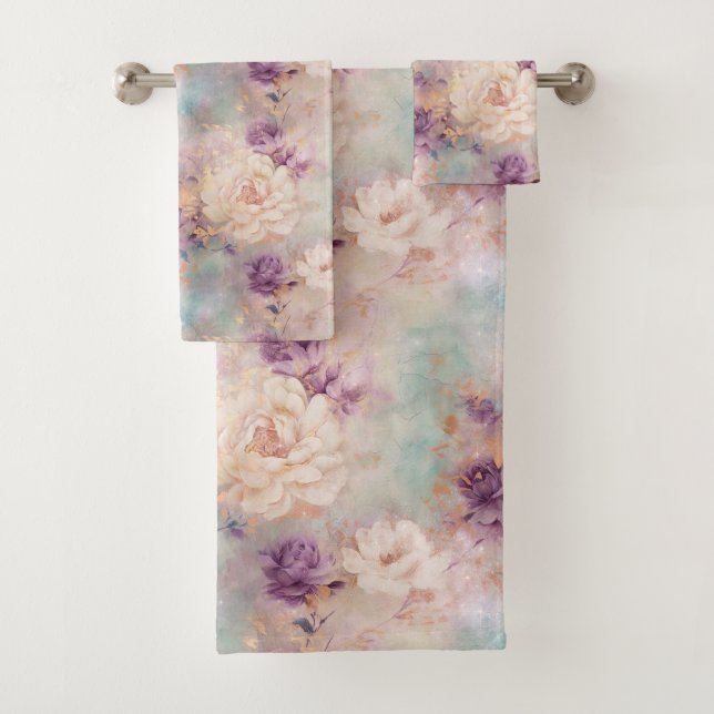 Purple Turquoise Blush Floral Bath Towel Set (Insitu)