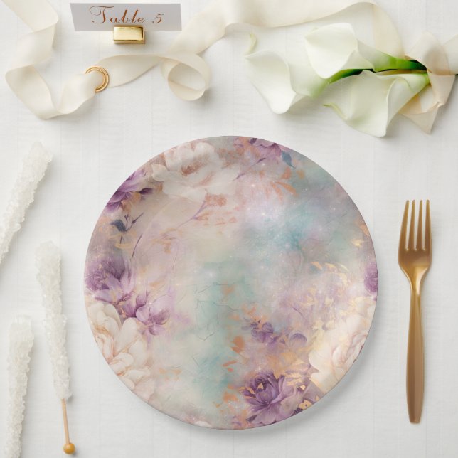 Purple Turquoise Blush Floral Paper Plate (Wedding)