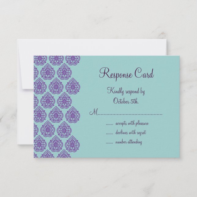Purple/Turquoise Damask RSVP Card (Front)