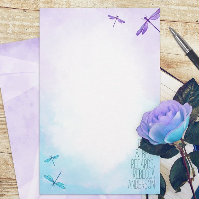 Purple, Turquoise Dragonflies Personal Stationery (purple turquoise dragonflies dragonfly budget personalized letter writing stationary paper sheets)