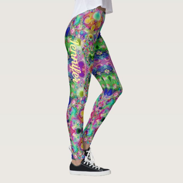 Purple Turquoise Fractal Pattern Custom Name Leggings (Right)