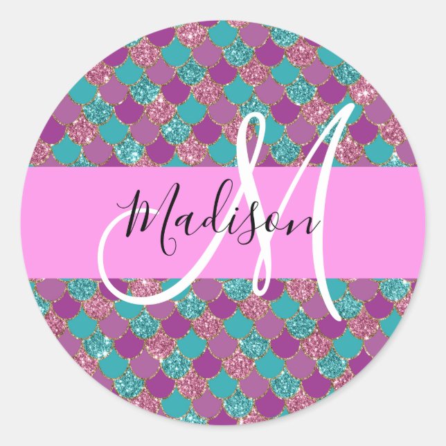 Purple Turquoise Mermaid Glitter Sparkles Monogram Classic Round Sticker (Front)