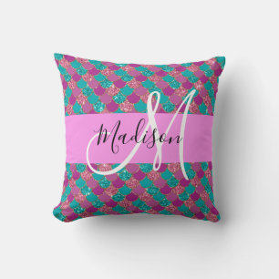 Purple Turquoise Mermaid Glitter Sparkles Monogram Cushion