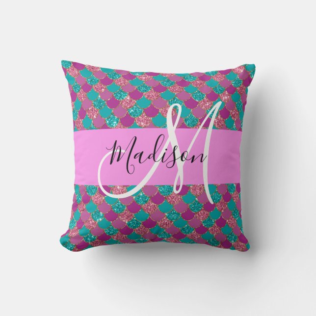 Purple Turquoise Mermaid Glitter Sparkles Monogram Cushion (Front)