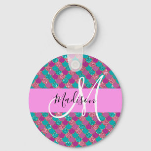 Purple Turquoise Mermaid Glitter Sparkles Monogram Key Ring