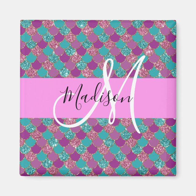 Purple Turquoise Mermaid Glitter Sparkles Monogram Magnet (Front)