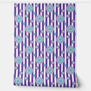 Purple, Turquoise Mod Flowers on Stripes Wallpaper