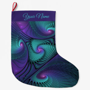 Purple Turquoise Modern Abstract Fractal Art Name Large Christmas Stocking