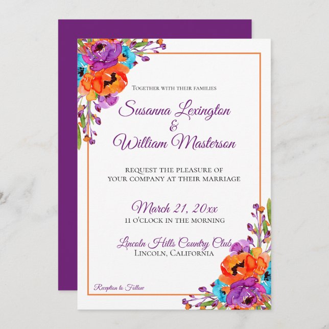 Purple Turquoise Orange Floral Watercolor Wedding Invitation (Front/Back)