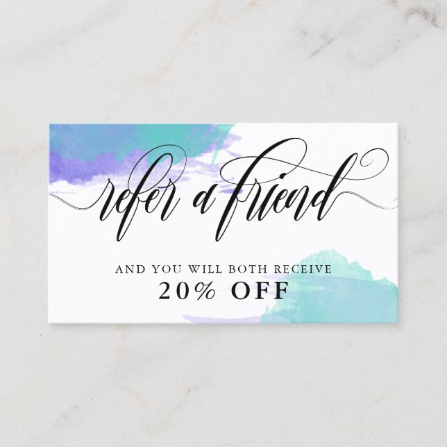 Purple Turquoise Smudge Calligraphy Refer A Friend Referral Card (Front)