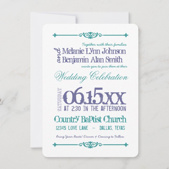 Purple Turquoise Typography Wedding Invitations (Front)