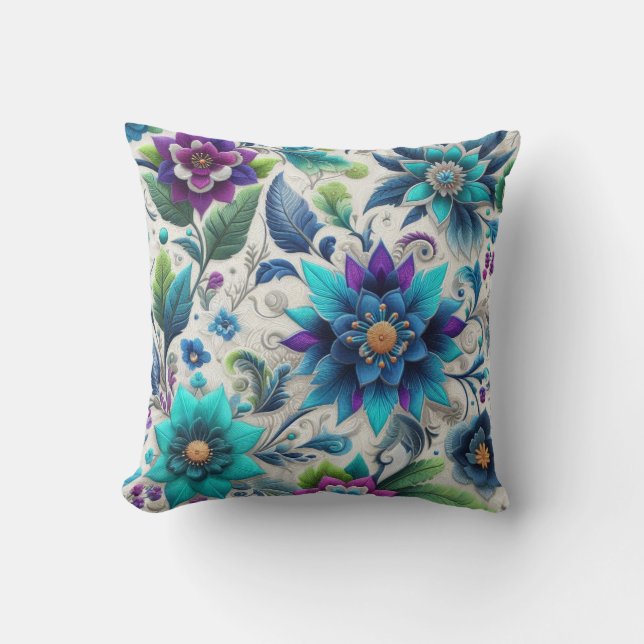 Purple Turquoise White Floral Design Cushion (Front)