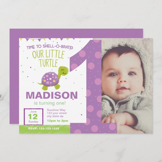 Purple Turtle First Birthday Party Invitation (Front/Back)