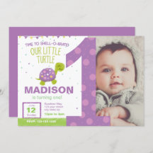 Purple Turtle First Birthday Party Invitation