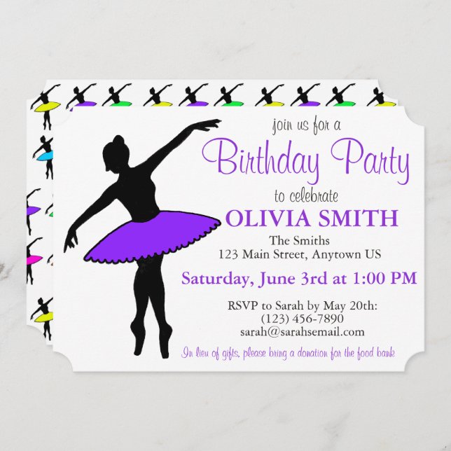 Purple Tutu Ballerina Ballet Dancer Birthday Party Invitation (Front/Back)