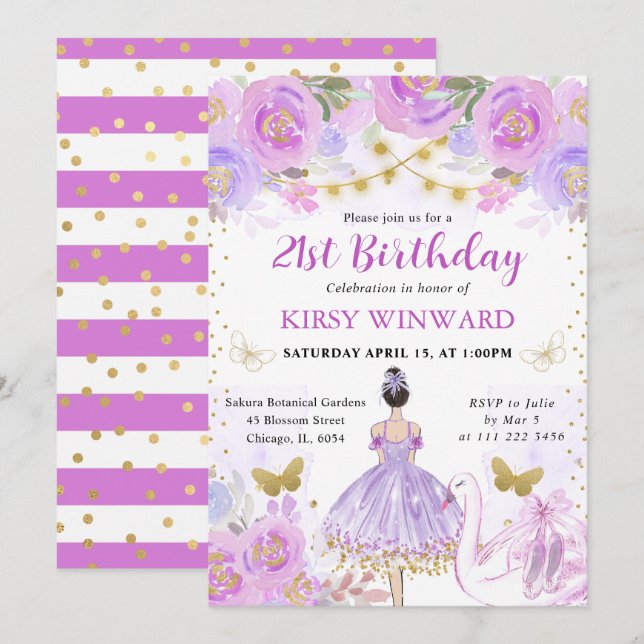 Purple Tutu Black Hair Ballerina Birthday Invitation (Front/Back)