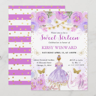 Purple Tutu Blonde Hair Ballerina Sweet 16 Invitation