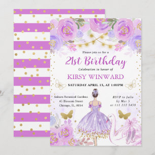 Purple Tutu Brunette Hair Ballerina Birthday Invitation
