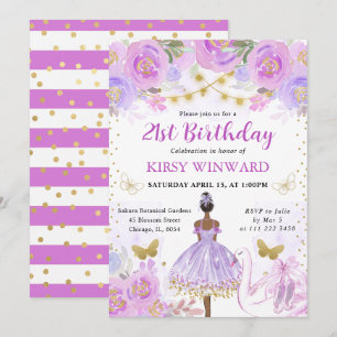 Purple Tutu Dark Skin Ballerina Birthday Invitation