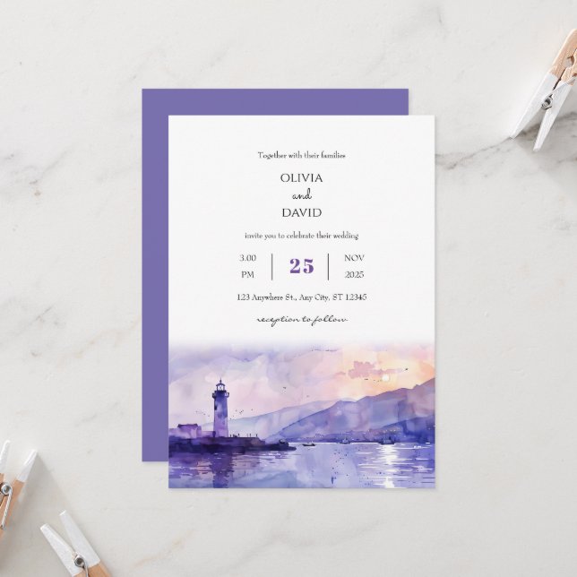 Purple Twilight Lighthouse Harbour Beach Wedding  Invitation (Front/Back In Situ)