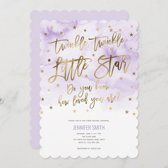 Purple, Twinkle Stars , Watercolor, Baby Girl Invitation (Front/Back)
