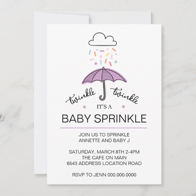 Purple twinkle twinkle baby sprinkle download invitation (Front)
