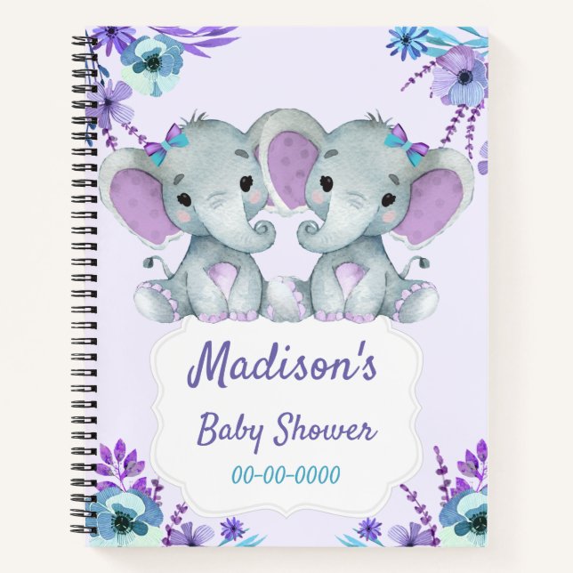 Purple Twins Elephant Memory Book Baby Shower Teal (Front)