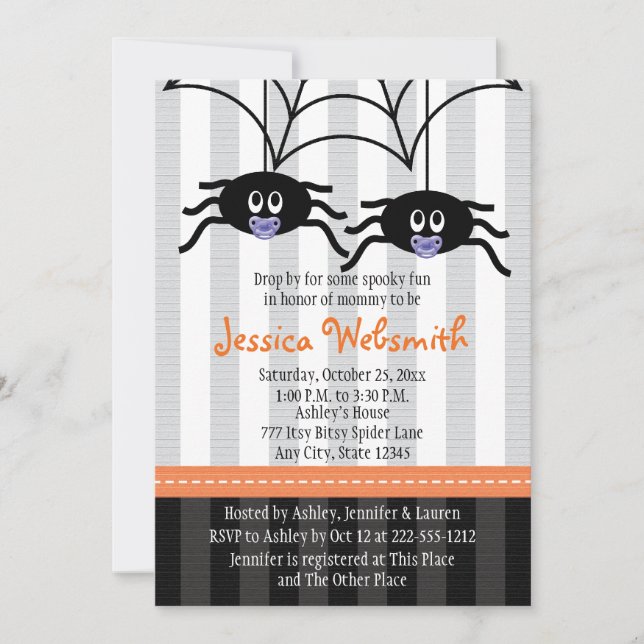 Purple Twins Spider Halloween Baby Shower Invites (Front)