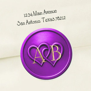 Purple Two Hearts Intertwined Monogram Wedding Classic Round Sticker