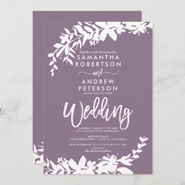 Purple typography Floral white wedding Invitation (Front/Back)