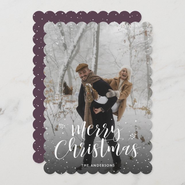 Purple Typography Snow Photo Merry Christmas Holiday Card (Front/Back)