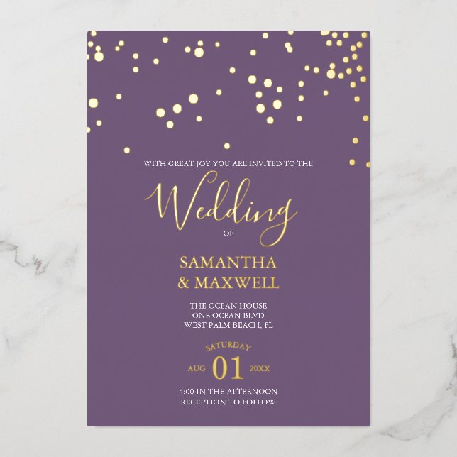 Purple Typography Wedding Foil Invitation (Front)