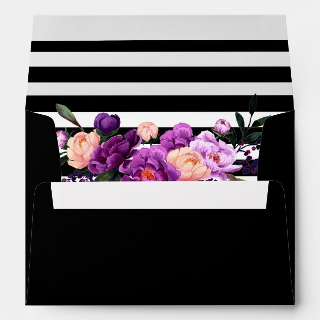 Purple Ultra Violet Floral Black Striped Wedding Envelope (Back (Bottom))