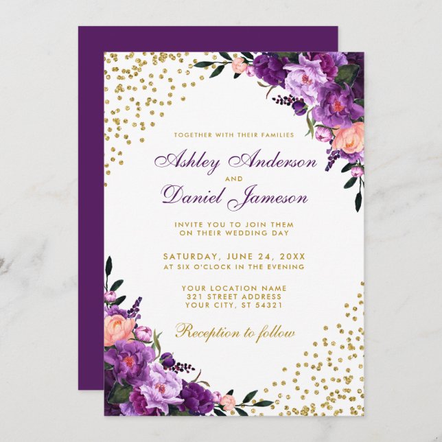 Purple Ultra Violet Floral Gold Glitter Wedding Invitation (Front/Back)