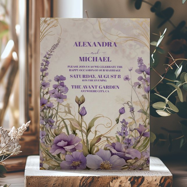 Purple Ultra Violet Floral Gold Wedding  Invitation (Creator Uploaded)