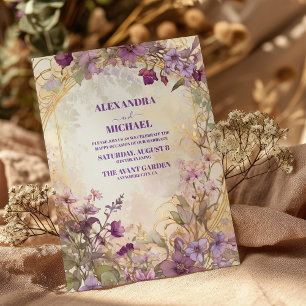 Purple Ultra Violet Floral Gold Wedding Invitation