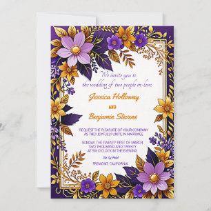 Purple Ultra Violet Floral Gold Wedding Invitation