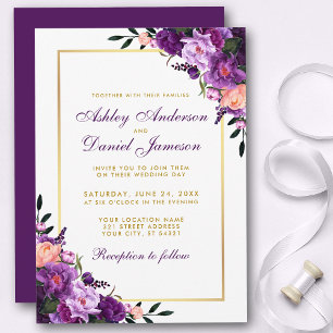 Purple Ultra Violet Floral Gold Wedding Invite PSB