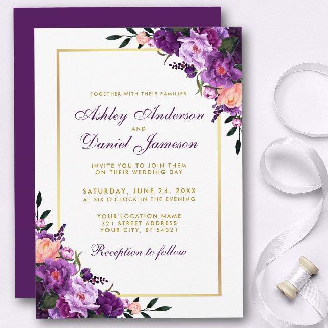 Purple Ultra Violet Floral Gold Wedding Invite PSB (Customize to change text color, style, add text & photos to back or change color of back of card.)