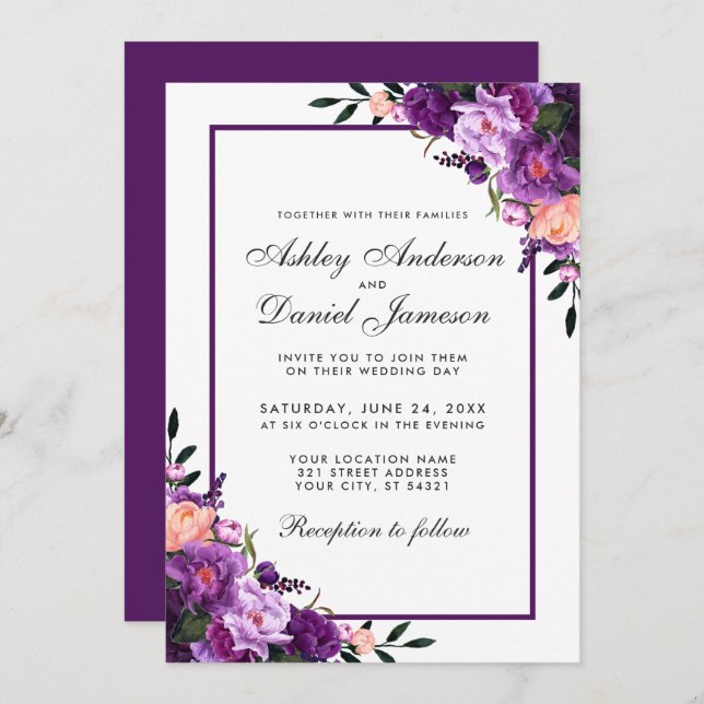 Purple Ultra Violet Floral Wedding Invitation PB (Front/Back)